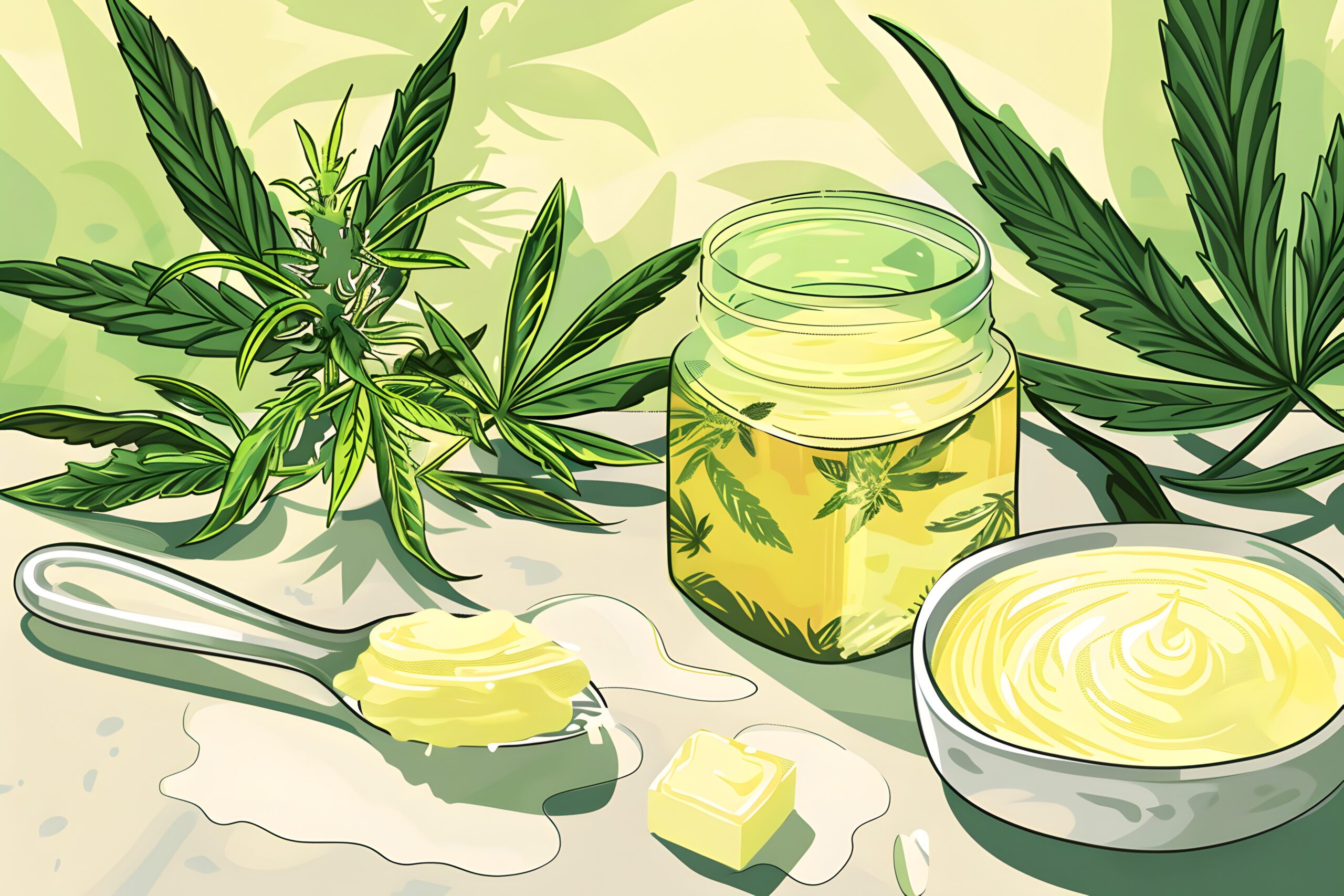 A detailed illustration of a step-by-step recipe for making cannabis-infused butter, with each stage illustrated clearly on a clean background